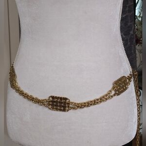 Vintage Gold Tone Metal Chain Belt With Woven Rectangular Stations